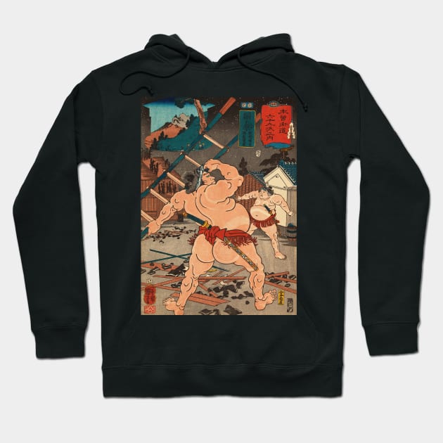 Sumo Wrestlers Mid Fight - Antique Japanese Ukiyo-e Woodblock Print Art Hoodie by Click Here For More